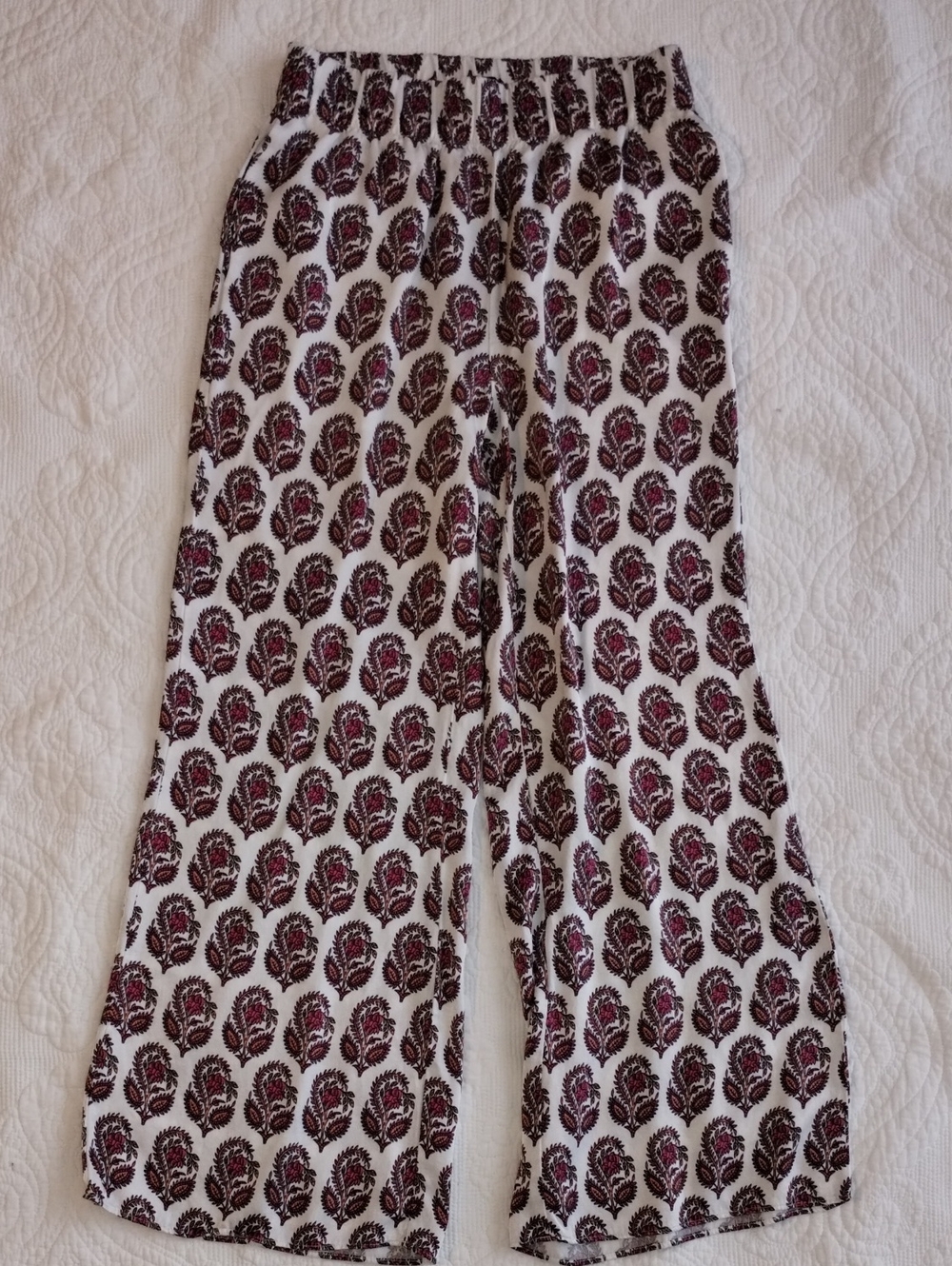 J. Crew White Wide-Leg Pants with Burgundy Floral Print